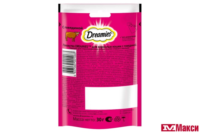 ЛАКОМСТВО Д/КОШЕК "DREAMIES" 30Г В АССОРТ.(с говядиной)