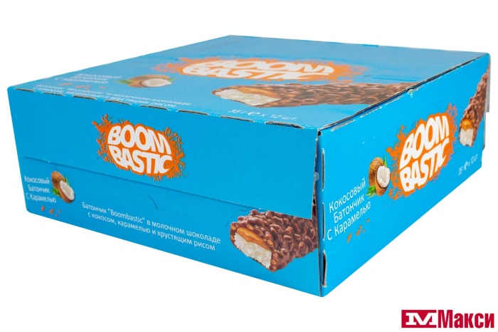 БАТОНЧИК ВАФЕЛЬНЫЙ  "BOOMBASTIC" В МОЛОЧНОМ ШОКОЛАДЕ С КОКОСОМ,КАРАМЕЛЬЮ И ХРУСТЯЩИМ РИСОМ 32Г (SOLEN)