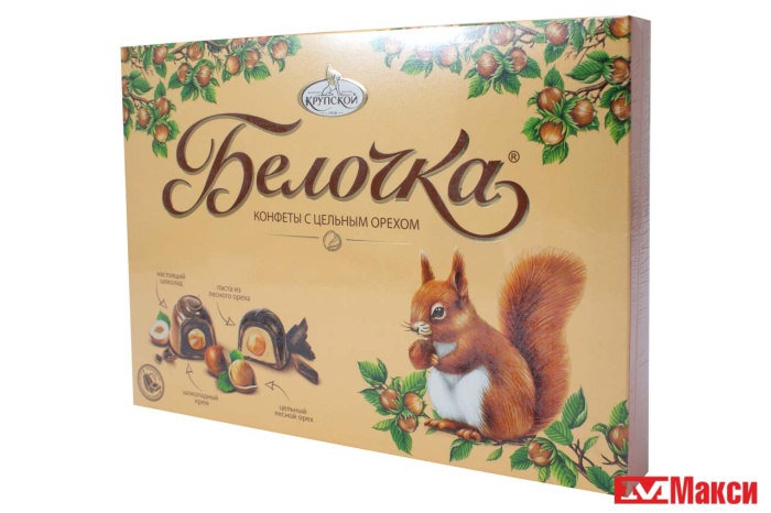 ШОКОЛАДНЫЕ КОНФЕТЫ "БЕЛОЧКА" С ЦЕЛЬНЫМ ФУНДУКОМ 160Г (КРУПСКАЯ)