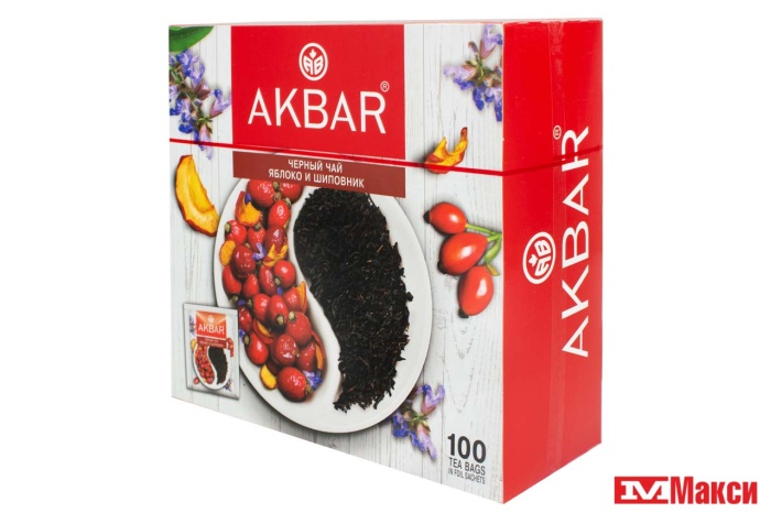 ЧАЙ ЧЕРНЫЙ "АКБАР" ЯБЛОКО И ШИПОВНИК 100 ПАКЕТИКОВ (AKBAR)
