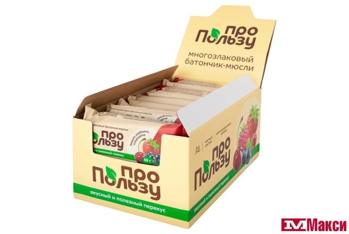 БАТОНЧИК-МЮСЛИ МНОГОЗЛАКОВЫЙ 55Г (ПРОПОЛЬЗУ)(с вишней, смородиной и клубникой)