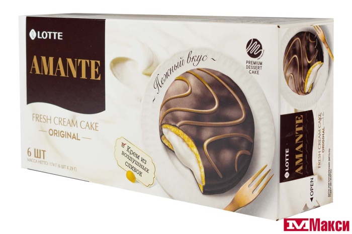 ПИРОЖНОЕ "AMANTE" СО СЛИВОЧНОЙ ПРОСЛОЙКОЙ 6ШТХ29Г (ЛОТТЕ)