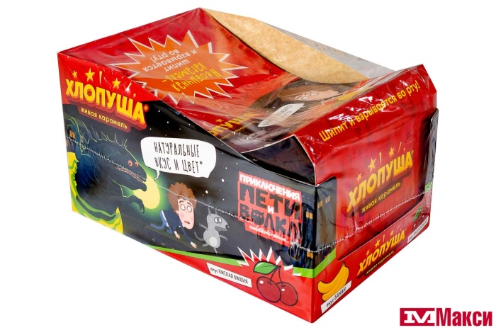 КАРАМЕЛЬ "ХЛОПУША" ПЕТЯ И ВОЛК СО ВКУСОМ КИСЛАЯ ВИШНЯ И БАНАН 7Г (ЭВРИКА)