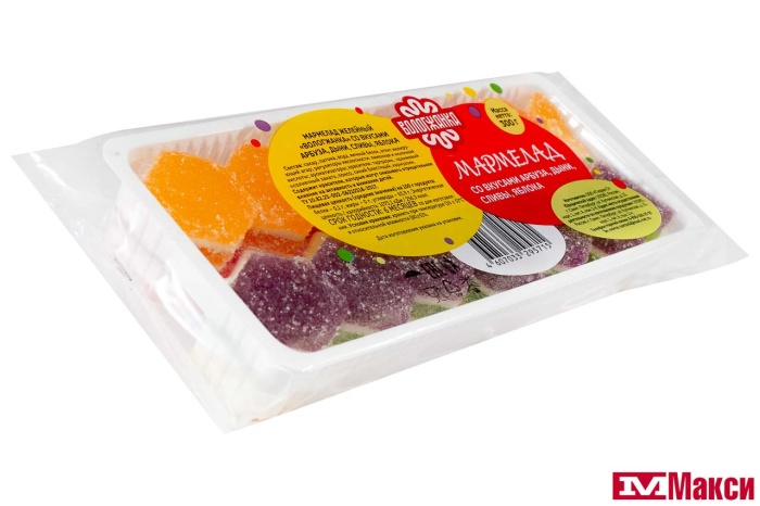 МАРМЕЛАД "ВОЛОГЖАНКА" МИКС: АРБУЗ, ДЫНЯ, СЛИВА, ЯБЛОКО 300Г