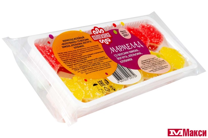 МАРМЕЛАД "ВОЛОГЖАНКА" МИКС: ЛИМОН, АПЕЛЬСИН, КЛУБНИКА, ЙОГУРТ 300Г