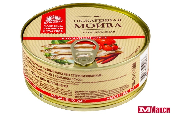 МОЙВА "ЗА РОДИНУ" НЕРАЗДЕЛАННАЯ ОБЖАРЕННАЯ В ТОМАТНОМ СОУСЕ 240Г Ж/Б КЛЮЧ