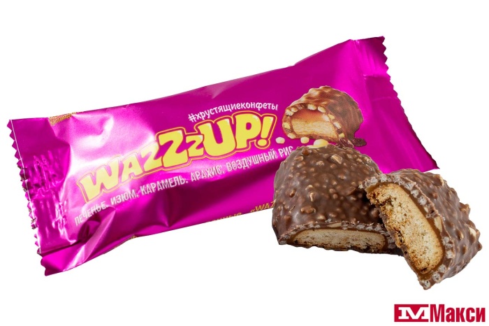 КОНФЕТЫ "WAZZZUP" ПЕЧЕНЬЕ С ИЗЮМОМ,КАРАМЕЛЬЮ,АРАХИСОМ И ВОЗДУШНЫМ РИСОМ (НЕВСКИЙ КОНДИТЕР)