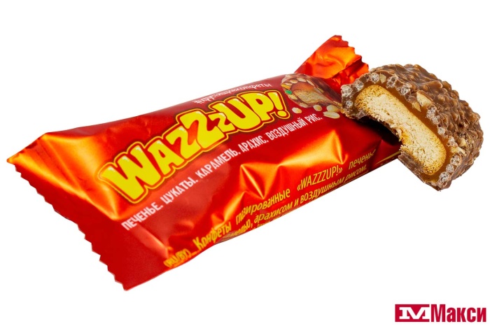 КОНФЕТЫ "WAZZZUP" ПЕЧЕНЬЕ С ЦУКАТАМИ,КАРАМЕЛЬЮ,АРАХИСОМ И ВОЗДУШНЫМ РИСОМ (НЕВСКИЙ КОНДИТЕР)