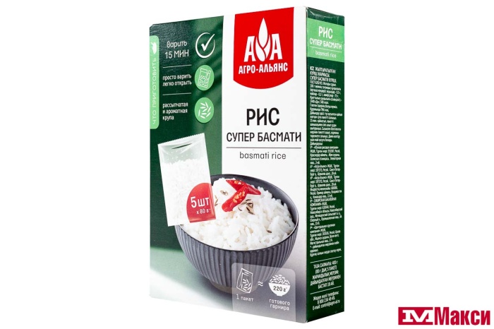 КРУПА РИС СУПЕР БАСМАТИ 5Х80Г ВАРОЧНЫЕ ПАКЕТЫ (АГРО-АЛЬЯНС)