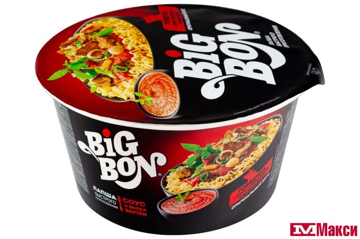 ЛАПША БЫСТРОГО ПРИГОТОВЛЕНИЯ "БИГ БОН" 85Г(говядина+соус "томатный с базиликом")