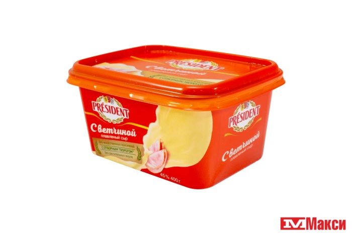 СЫР ПЛАВЛЕНЫЙ "ПРЕЗИДЕНТ" 45% 400Г (БЗМЖ)(с ветчиной)