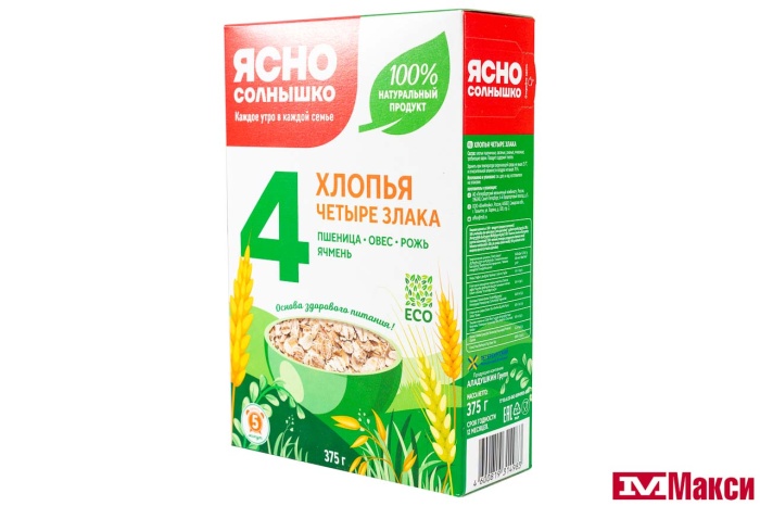 ХЛОПЬЯ 4 ЗЛАКА "ЯСНО СОЛНЫШКО" 375Г