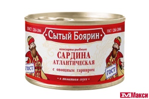 САРДИНА С ОВОЩНЫМ ГАРНИРОМ В ТОМАТНОМ СОУСЕ "СЫТЫЙ БОЯРИН" 240Г Ж/Б С КЛЮЧОМ