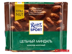 ШОКОЛАД "РИТТЕР СПОРТ" МОЛОЧНЫЙ С ЦЕЛЬНЫМ МИНДАЛЕМ 100Г