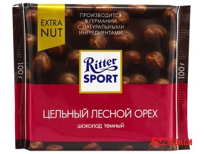 ШОКОЛАД "РИТТЕР СПОРТ" ТЕМНЫЙ С ЦЕЛЬНЫМ ЛЕСНЫМ ОРЕХОМ 100Г