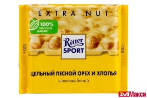 ШОКОЛАД "РИТТЕР СПОРТ" БЕЛЫЙ С ЦЕЛЬНЫМ ЛЕСНЫМ ОРЕХОМ 100Г