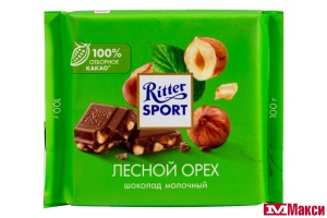 ШОКОЛАД "РИТТЕР СПОРТ" МОЛОЧНЫЙ С ОБЖАРЕННЫМ ОРЕХОМ ЛЕЩИНЫ 100Г