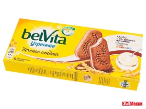 ПЕЧЕНЬЕ-СЭНДВИЧ "BELVITA УТРЕННЕЕ" КАКАО С ЙОГУРТОВОЙ НАЧИНКОЙ 253Г (МОН' ДЭЛИС РУСЬ)