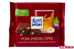 ШОКОЛАД "РИТТЕР СПОРТ" РОМ-ИЗЮМ-ОРЕХ 100Г