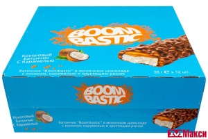 БАТОНЧИК ВАФЕЛЬНЫЙ  "BOOMBASTIC" В МОЛОЧНОМ ШОКОЛАДЕ С КОКОСОМ,КАРАМЕЛЬЮ И ХРУСТЯЩИМ РИСОМ 32Г (SOLEN)