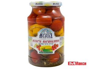 АССОРТИ ОВОЩНОЕ МАРИНОВАННОЕ "МЕЛЕНЪ" КАБАЧКИ, ЧЕРРИ, ОГУРЦЫ 900Г СТ/Б
