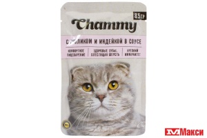 КОРМ Д/КОШЕК "ЧАММИ" С КРОЛИКОМ И ИНДЕЙКОЙ В СОУСЕ 85Г ПАУЧ