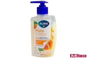 КРЕМ-МЫЛО ЖИДКОЕ "AURA" 2В1 ДЛЯ РУК И ТЕЛА ХЛОПОК И МЕД 300МЛ