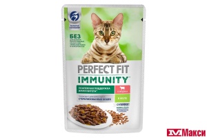 КОРМ Д/КОШЕК "PERFECT FIT" ИММУНИТЕТ Д/ВЗРОСЛЫХ КОШЕК 75Г ПАУЧ(говядина, лен)