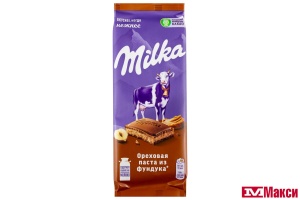 ШОКОЛАД "МИЛКА" МОЛОЧНЫЙ С ОРЕХОВОЙ ПАСТОЙ ИЗ ФУНДУКА И ДРОБЛЕНЫМ ФУНДУКОМ 80Г (МОН' ДЭЛИС РУСЬ)