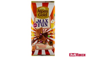 ШОКОЛАД "АЛЬПЕН ГОЛД" МАКСФАН МОЛОЧНЫЙ С КУСОЧКАМИ МАНГО,АНАНАСА,МАРАКУЙИ,РИСОВЫМИ ШАРИКАМИ И ВЗРЫВНОЙ КАРАМЕЛЬЮ 140Г 