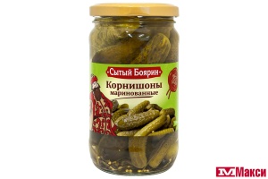 ОГУРЦЫ "СЫТЫЙ БОЯРИН" КОРНИШОНЫ ХРУСТЯЩИЕ 370МЛ СТ/Б